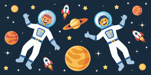 Two astronauts joyfully explore a vibrant and colorful space scene with planets © Ratan