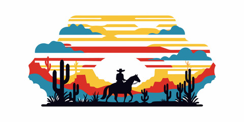 Obraz premium Sunset silhouette of a cowboy riding a horse in the desert landscape