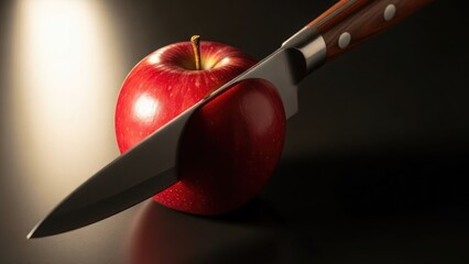 Knife cutting into a red apple on a dark surface with a spotlight shining down
