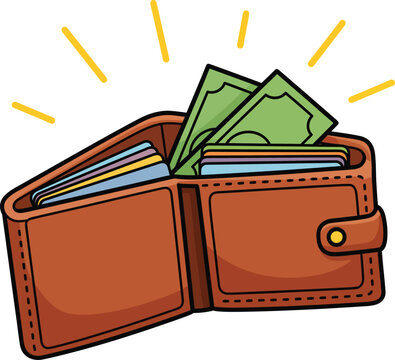 A cartoon illustration of an open brown bifold wallet full of green cash banknotes and colorful credit cards.