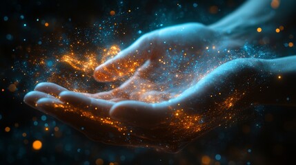 Hands and holographic imagery of cosmic energy for spiritual support, prayer, and community. Futuristic 3D holograms symbolizing the cosmic and spiritual connections, Generative AI