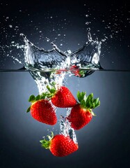 Strawberries Plunging into Water - A Refreshing Splash of Red.