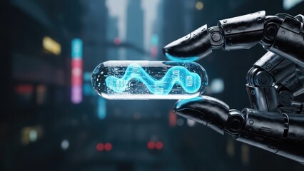 Robot hand holding a glowing blue circuit board in a futuristic cityscape environment from a close-up viewpoint