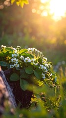 Strawberry blossoms in the garden bathed in sunlight, a spring scene.
