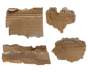 four torn pieces of corrugated cardboard, showcasing rough edges and the distinct ribbed texture of the material, presented on a transparent background.