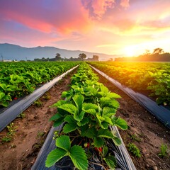 Strawberry Field at Sunset - A Vibrant Agricultural Landscape.