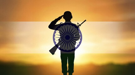 Indian soldier saluting with ashoka chakra and rifle against vibrant sunset background with flag colors, indian army day