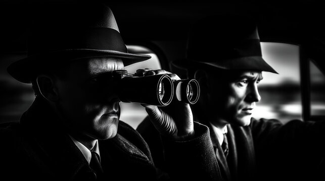 Black and white cinematic scene of two detectives in vintage attire inside a car, one using binoculars during surveillance