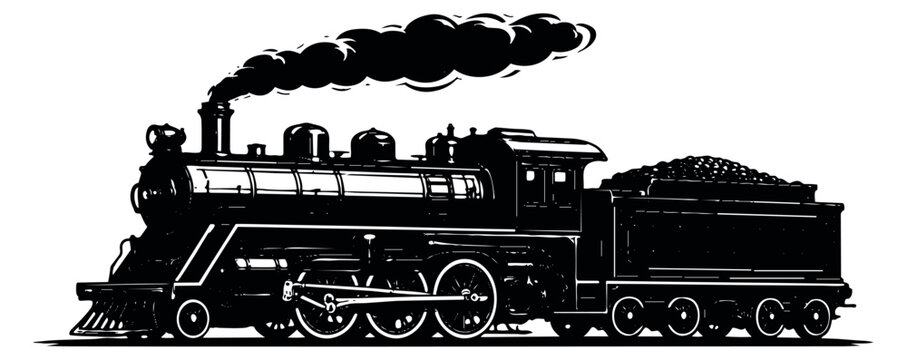 Vintage line art illustration of a steam train depicting a locomotive emitting smoke for historic transportation design