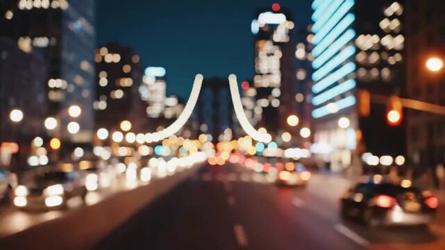 Abstract view down a busy city street at twilight with blurred lights creating a vibrant urban bokeh effect focusing on the road ahead.