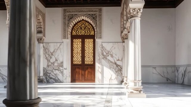 A grand, ornate hall with marble columns, intricately carved arches, and patterned marble walls