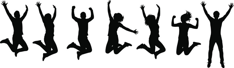 Silhouette group of happy people jumping together, celebrating freedom, success, teamwork, youth energy, happiness, motivation, and positive lifestyle concepts