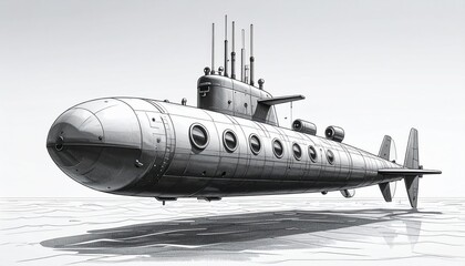 Detailed Black and White Drawing of a Submarine at Sea.