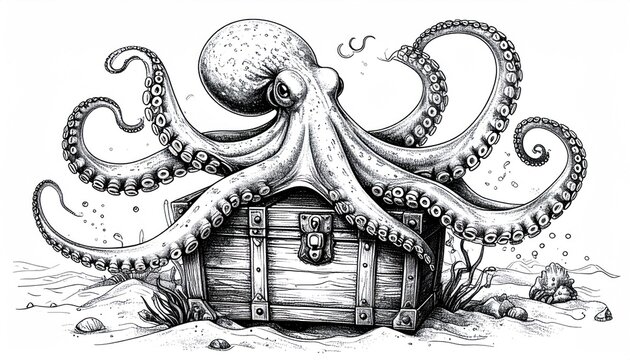 Detailed black and white drawing of an octopus on a treasure chest.