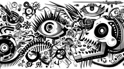 Intricate, mechanical, abstract design with eye-like elements.