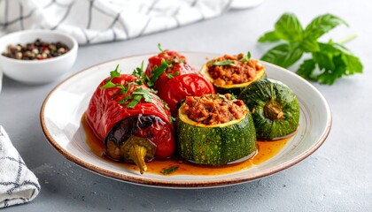 Stuffed Vegetables - Peppers and Zucchini on a Plate.