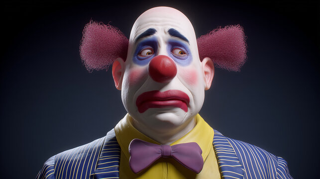Sad cartoon clown with exaggerated makeup, red nose, and colorful costume under dramatic lighting  