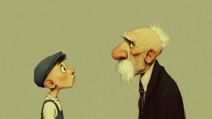 Whimsical illustration of surprised boy facing stern old man with large nose and mustache on plain background  