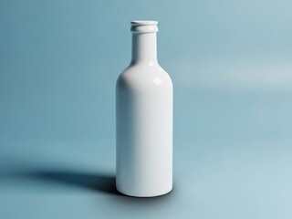 Clean white bottle mockup isolated on a soft blue background with subtle gradient lighting emphasizing the minimalist design and smooth textures