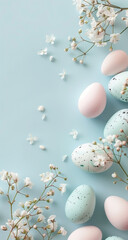  Colorful easter eggs and fresh spring flowers on a light blue background