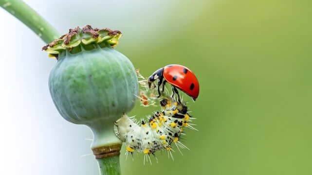 A ladybug and caterpillar feed on a green seed pod against a blurred background