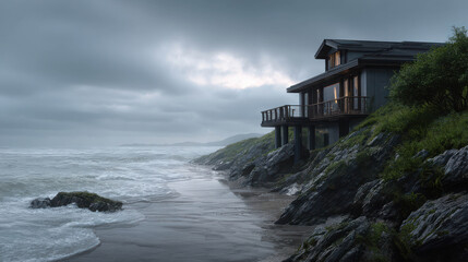 Resilient Retreat Standing Strong on Cliffside Amid Fierce Stormy Waves and Dramatic Skies