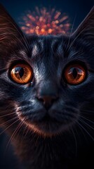 Close-Up of Cat with Reflective Eyes and Fireworks in Background