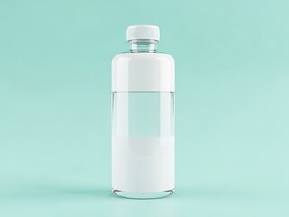 Clear glass bottle mockup filled with milky liquid and sealed with a white cap showcasing fresh and clean hydration on a light turquoise background