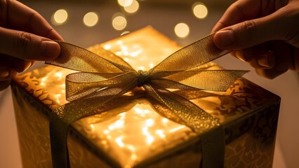 Hands Unwrapping Gift Box with Ribbon.