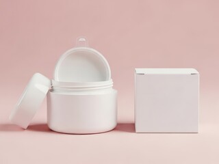 Cosmetic jar mockup with an open lid and a blank product box featuring clean white containers set against a pale pink background