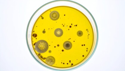 Fototapeta premium A petri dish, showcasing colonies of various colors and shapes in a yellow medium