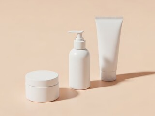 Cosmetic product mockup featuring three blank containers in a studio setting soft lighting and neutral color background with long shadows