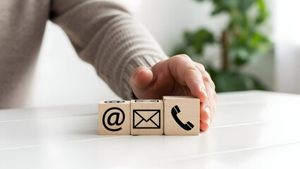 Hand holding wooden blocks with email and phone symbols on a white table