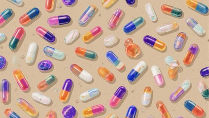 Colorful Assortment of Pills and Capsules on Beige Background.
