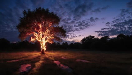 Illuminated Tree at Night - A Beacon of Light in the Darkness.