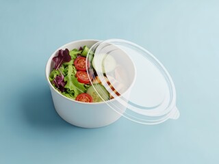 Fresh salad bowl mockup with mixed greens red tomatoes and cucumber slices with a clear lid set against a soft light blue background