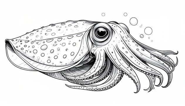 Detailed black and white illustration of a cuttlefish with intricate patterns.