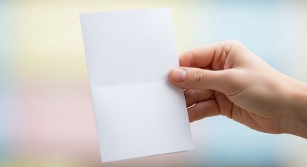 Obraz premium Hand holding blank folded card against soft pastel gradient backdrop