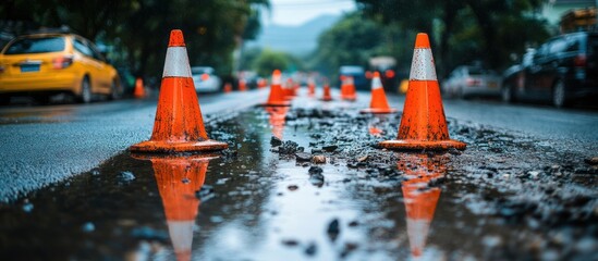 Wet road repair, city street, traffic cones, puddles
