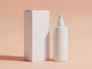 Minimalist white cosmetic bottle and box mockup on soft peach background bright lighting creating gentle shadows for product display