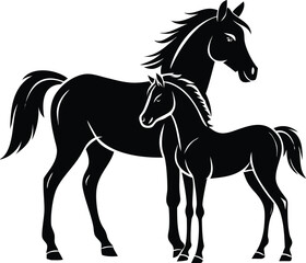 Obraz premium Silhouette Of A Mother Horse And Her Foal Standing Together In A Field