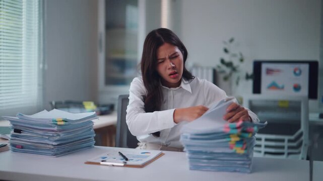 Overworked asian businesswoman feeling stressed, frustrated, and tired from a huge pile of documents on her desk in a modern office