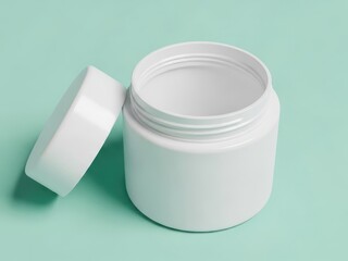 White cosmetic jar mockup with opened lid on a pastel green background demonstrating product packaging for skincare or beauty products