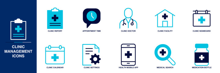 Obraz premium Clinic Management Blue Colored Outline Icon Set