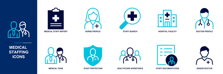 Obraz premium Medical Staffing Blue Colored Outline Icon Set