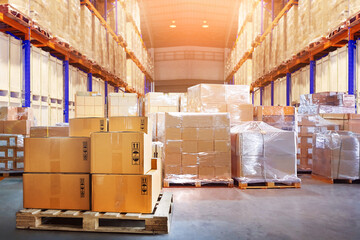 Bulk of Package Boxes Stacked on Pallets in Warehouse. Carton, Cardboard Boxes. Storage Warehouse. Supplies Shipment. Supply Chain, Shipping Warehouse Logistics.	
