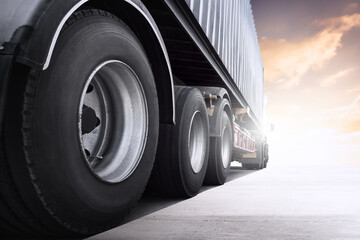 Semi Trailer Trucks on The Parking Lot at The Port. Tractor Truck, Big Rig. Truck Wheels Tire. Shipping Import- Export. Trucking. Freight Truck, Logistics Transportation.	