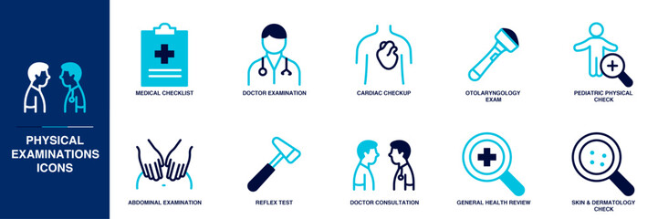 Obraz premium Physical Examinations Blue Colored Outline Icon Set