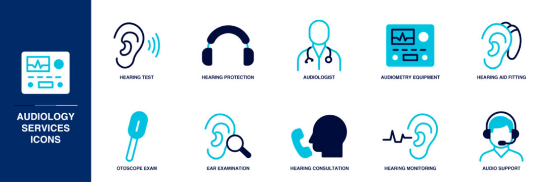 Audiology Services Blue Colored Outline Icon Set