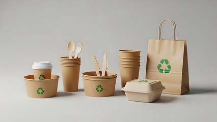 Eco-friendly Disposable Tableware Set on White Background